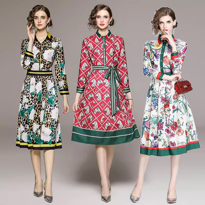 法式英伦风彩色大码长袖连衣裙田园风小个子时尚衬衫领过膝中长裙