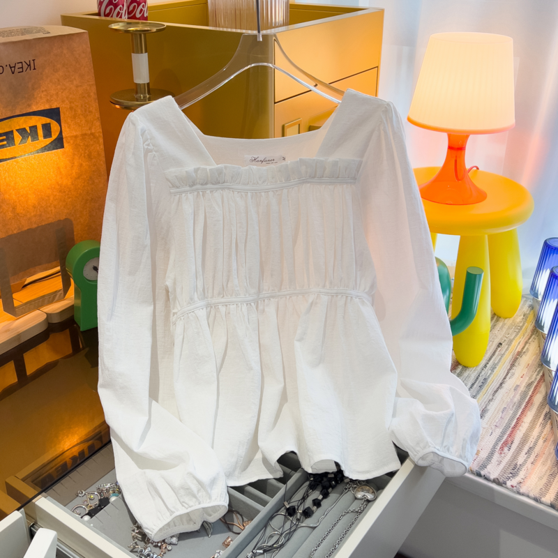 大码女装胖mm法式方领长袖衬衫女2023秋季新款设计感显瘦洋气上衣