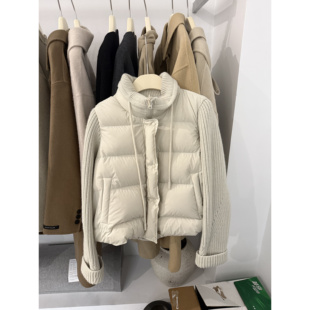 韩国针织拼接轻薄排骨羽绒服女冬季毛衣袖假两件白鸭绒巨好看外套