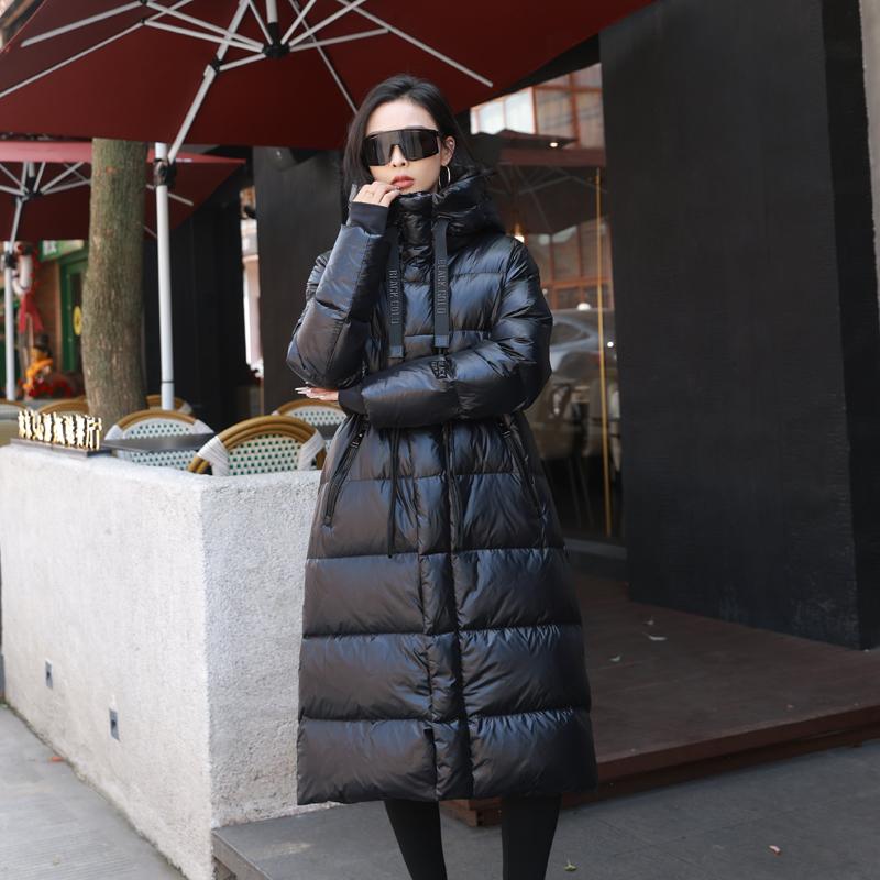 2025内收腰新款金标鹅绒羽绒服亮面过膝长款收腰加厚东北抗寒外套
