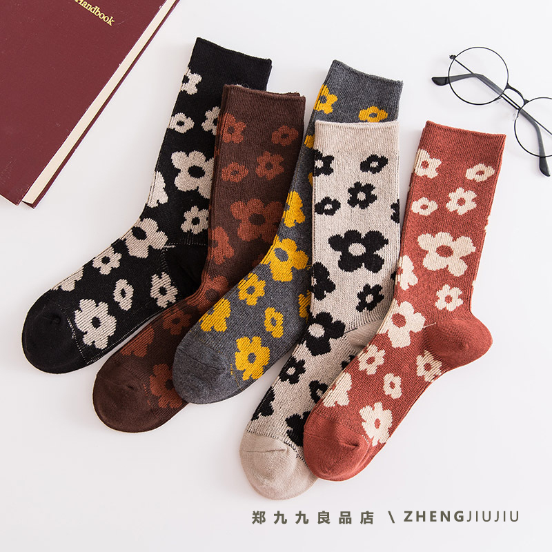 花朵韩版复古风中筒袜