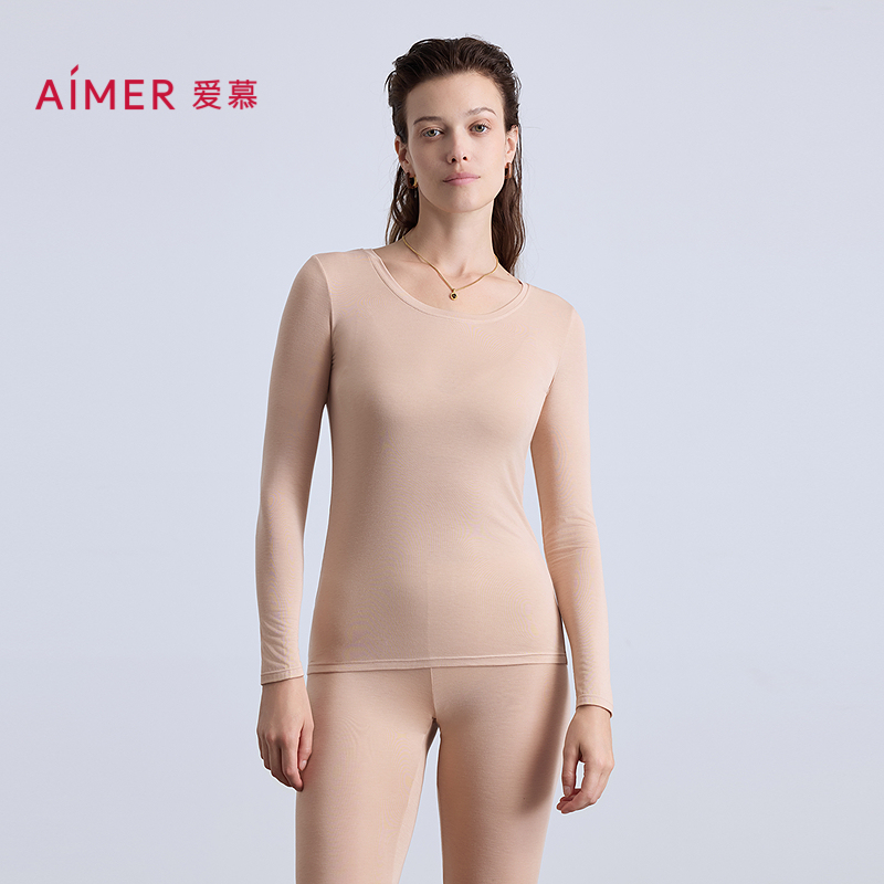 爱慕25秋冬奶皮轻暖保暖女士单层圆领长袖上衣AM72B771