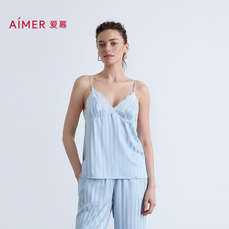 爱慕25夏织锦睡衣女性感蕾丝条纹细肩带舒适吊带上衣AM41C321