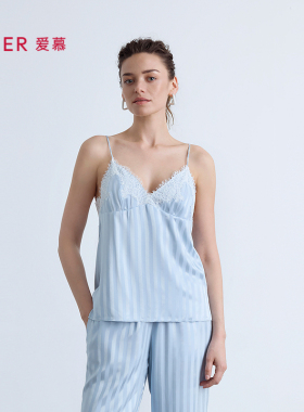 爱慕25夏织锦睡衣女性感蕾丝条纹细肩带舒适吊带上衣AM41C321