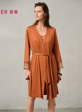 爱慕梦远星河睡衣女秋冬薄款蕾丝晨袍莫代尔睡袍AM48A041