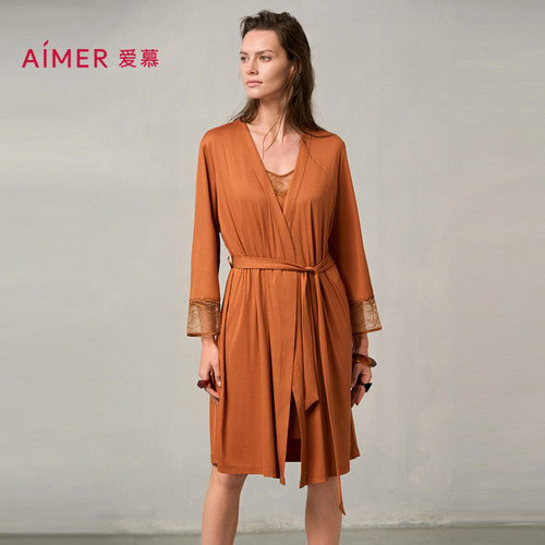 爱慕梦远星河睡衣女秋冬薄款蕾丝晨袍莫代尔睡袍AM48A041