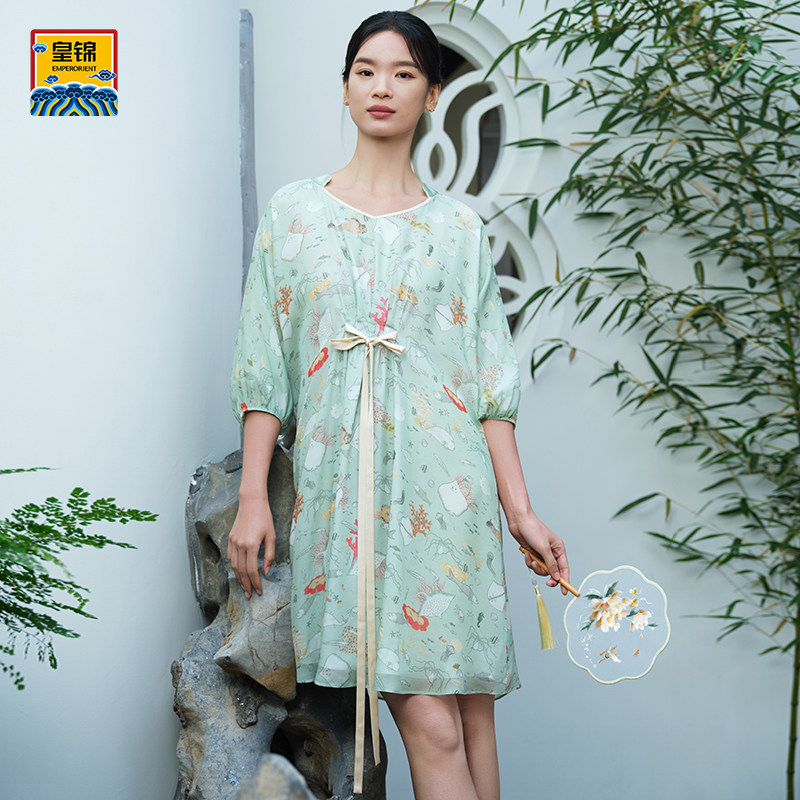 爱慕皇锦真丝睡衣女夏季雪纺七分袖系带睡裙-海错图HJ21532