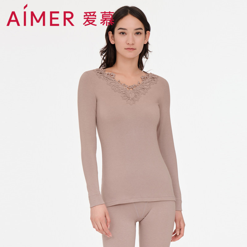 爱慕22AW亲肤暖绒V领女士保暖长袖上衣AM728001