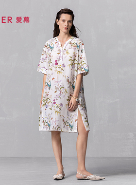 爱慕25夏丝棉时光睡衣女含桑蚕丝棉质可外穿五分袖睡裙AM44A871