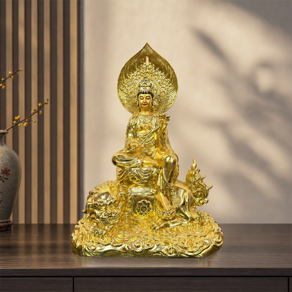贴金文殊菩萨佛像纯铜家用供奉华严三圣佛堂铜像工艺品摆件