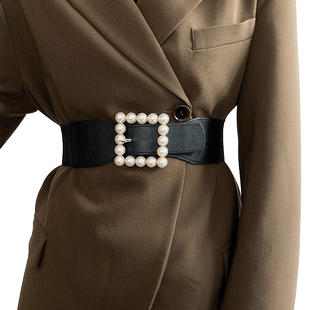 皮带女ins风 时尚简约时髦装饰珍珠腰带配毛衣弹力松紧黑色宽腰封