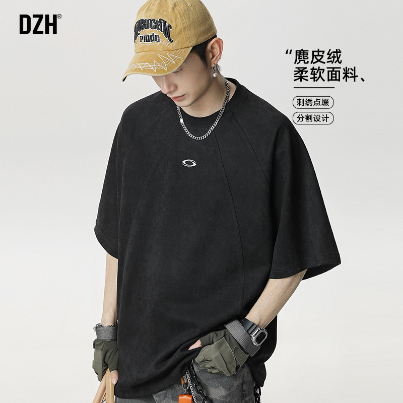 男士麂皮绒短袖男款美式高街潮牌2026新款休闲T恤夏季美式体恤衫