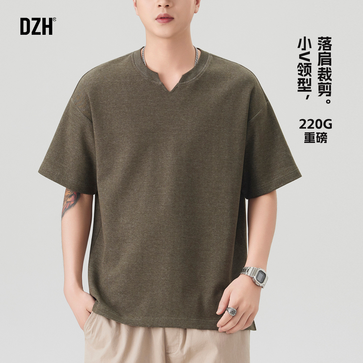 男士夏季绿色老钱风短袖t恤男款简约2026新款半袖高级感男装上衣