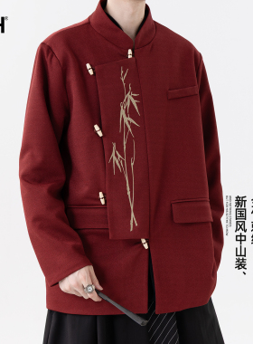 男士红色订婚结婚礼服新款男装西装中山装新中式外套男冬季加厚潮