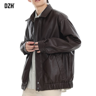 男士棕色PU皮外套男春秋季宽松美式2025新款休闲翻领夹克上衣男款