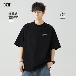 男生植绒t恤男纯棉圆领夏季2025新款黑色短袖美式潮牌体恤衫百搭