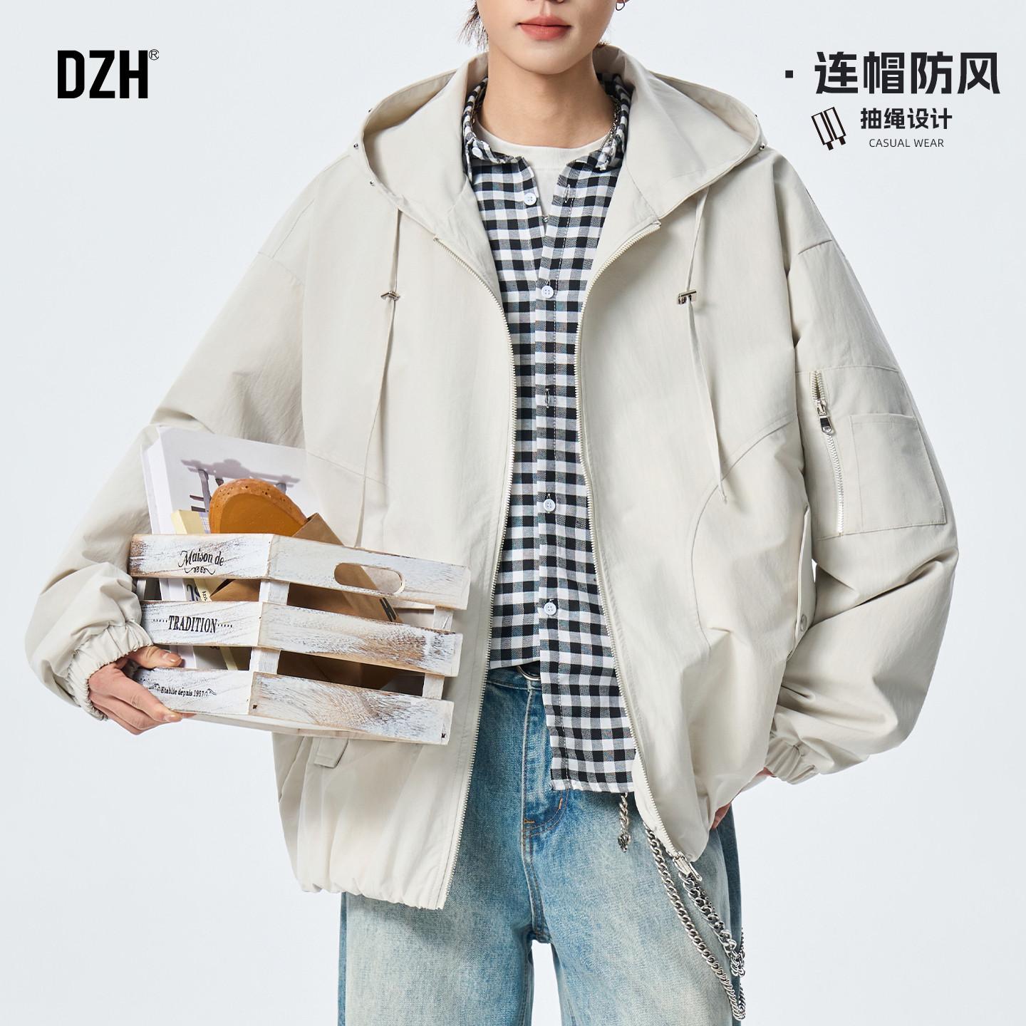 男士美式工装夹克外套男款防风连帽外套男2026新款春季米色男装潮