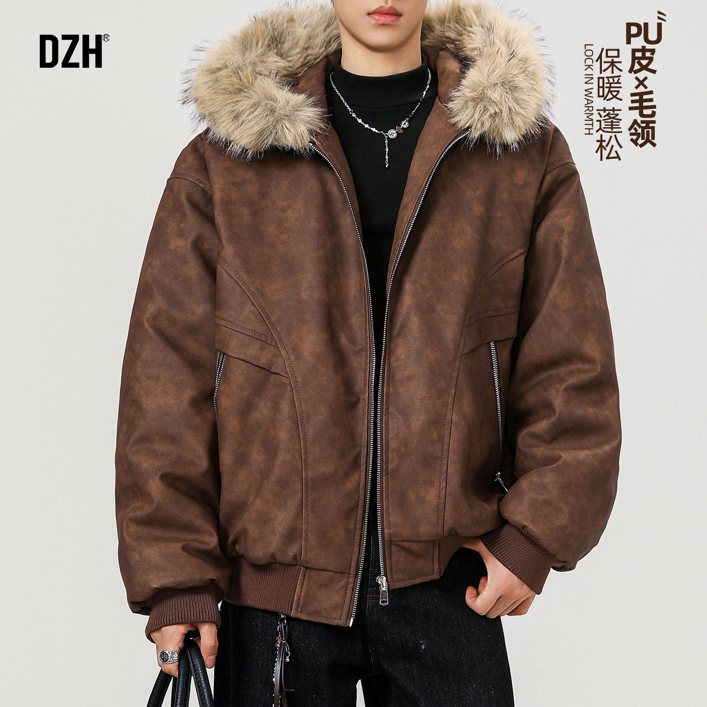男士冬季毛领夹克PU皮棉服2026新款男生保暖厚外套美式高级感上衣