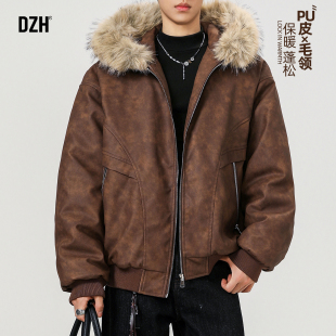 男士冬季毛领夹克PU皮棉服2025新款男生保暖厚外套美式高级感上衣