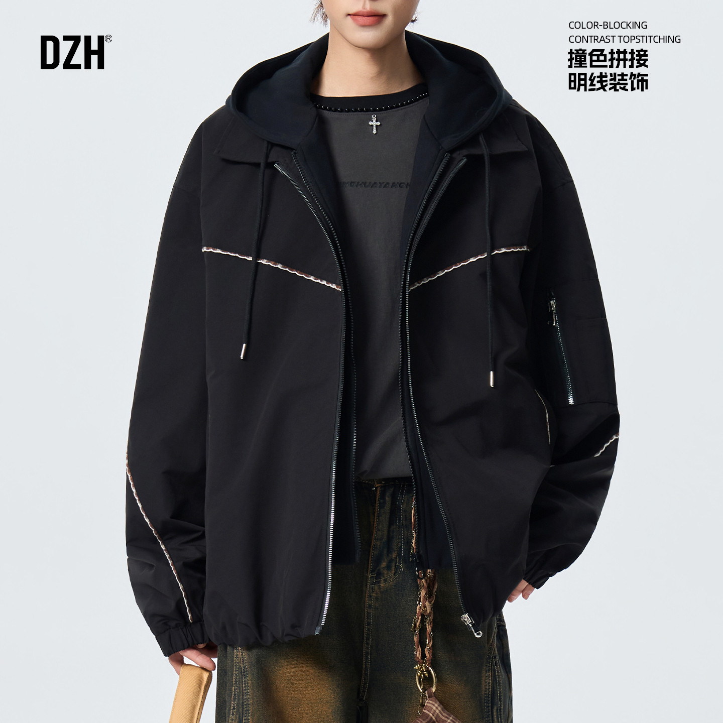 男士春季休闲连帽外套拼接撞色假两件夹克男款2026新款大码宽松款