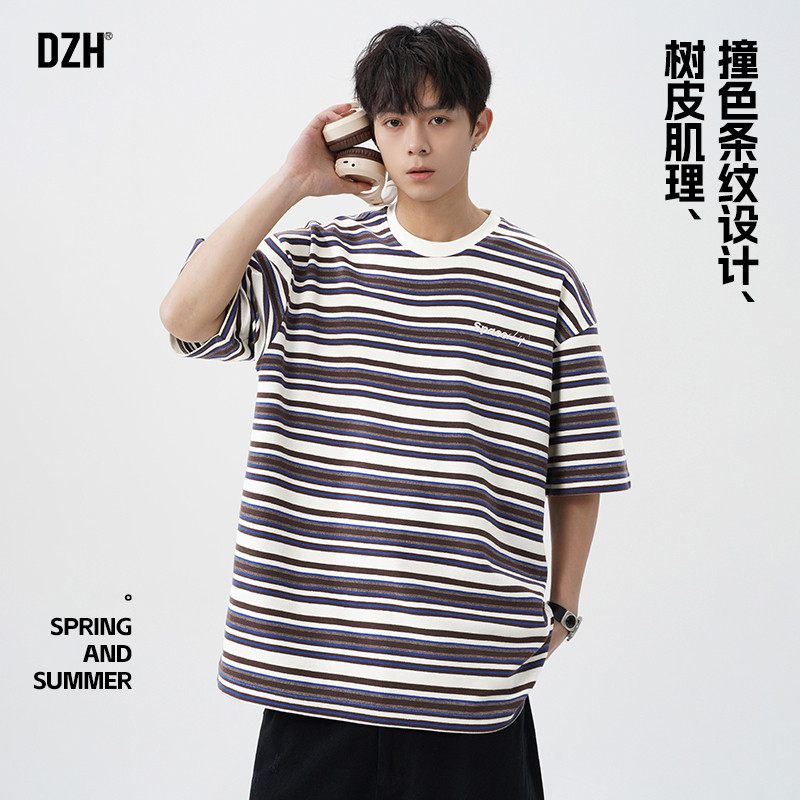 青少年日系条纹短袖t恤男ins潮牌2026年新款夏季宽松上衣圆领体恤