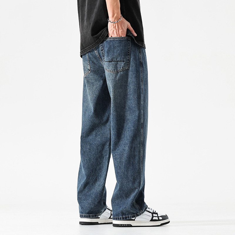 男士深蓝色慵懒松弛感牛仔裤男直筒宽松裤子休闲裤男款直筒裤秋季
