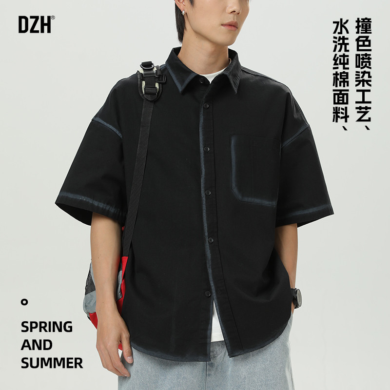 男士黑色工装短袖衬衫男高级感痞帅2026新款夏季男装纯棉衬衣夏装