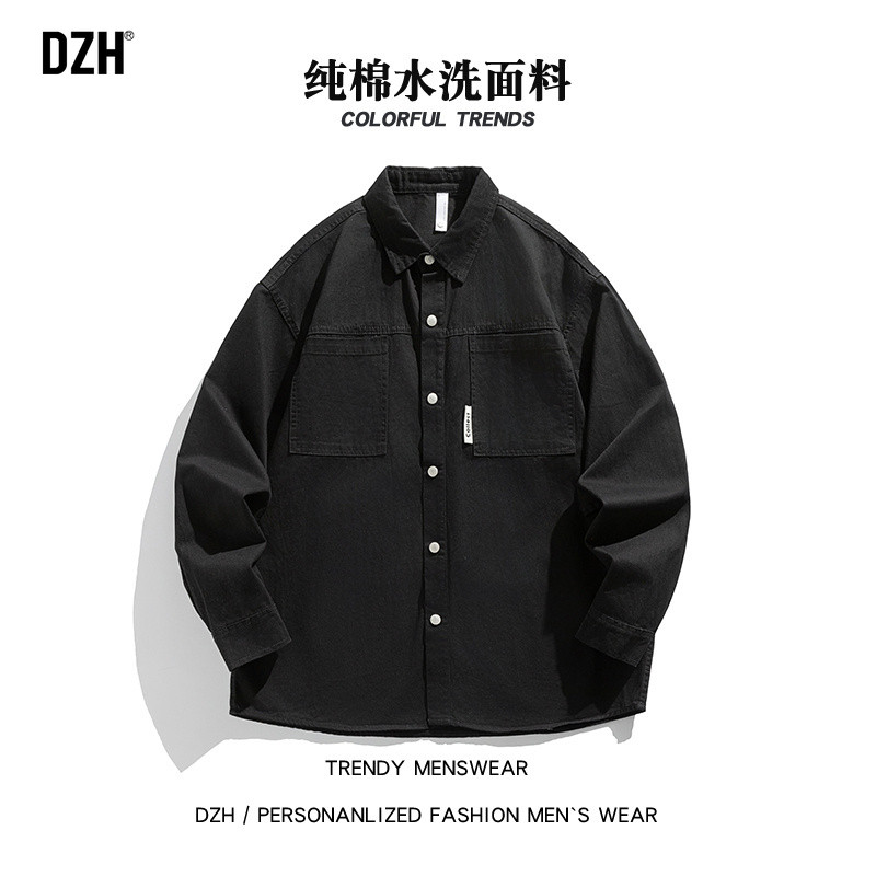 男士黑色纯棉工装衬衫男高级感痞帅长袖上衣美式外套秋季开衫衬衣