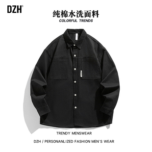 男士黑色纯棉工装衬衫男高级感痞帅长袖上衣美式外套秋季开衫衬衣