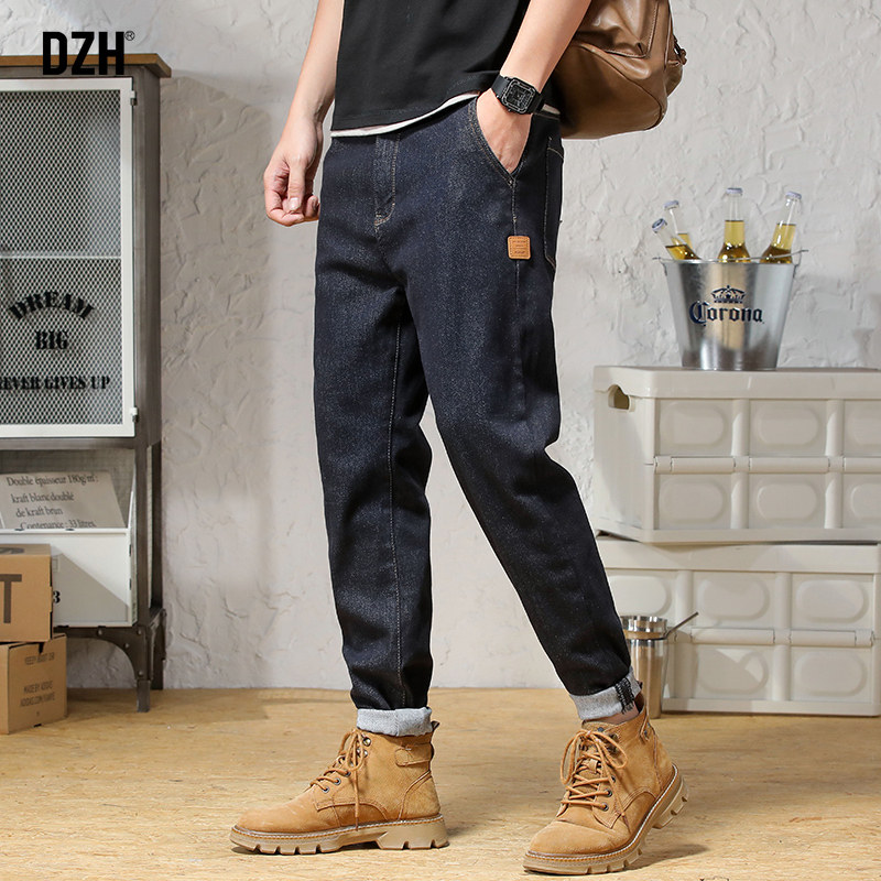 男士深蓝色牛仔裤男修身小脚休闲裤子男款春秋款哈伦裤长裤休闲裤