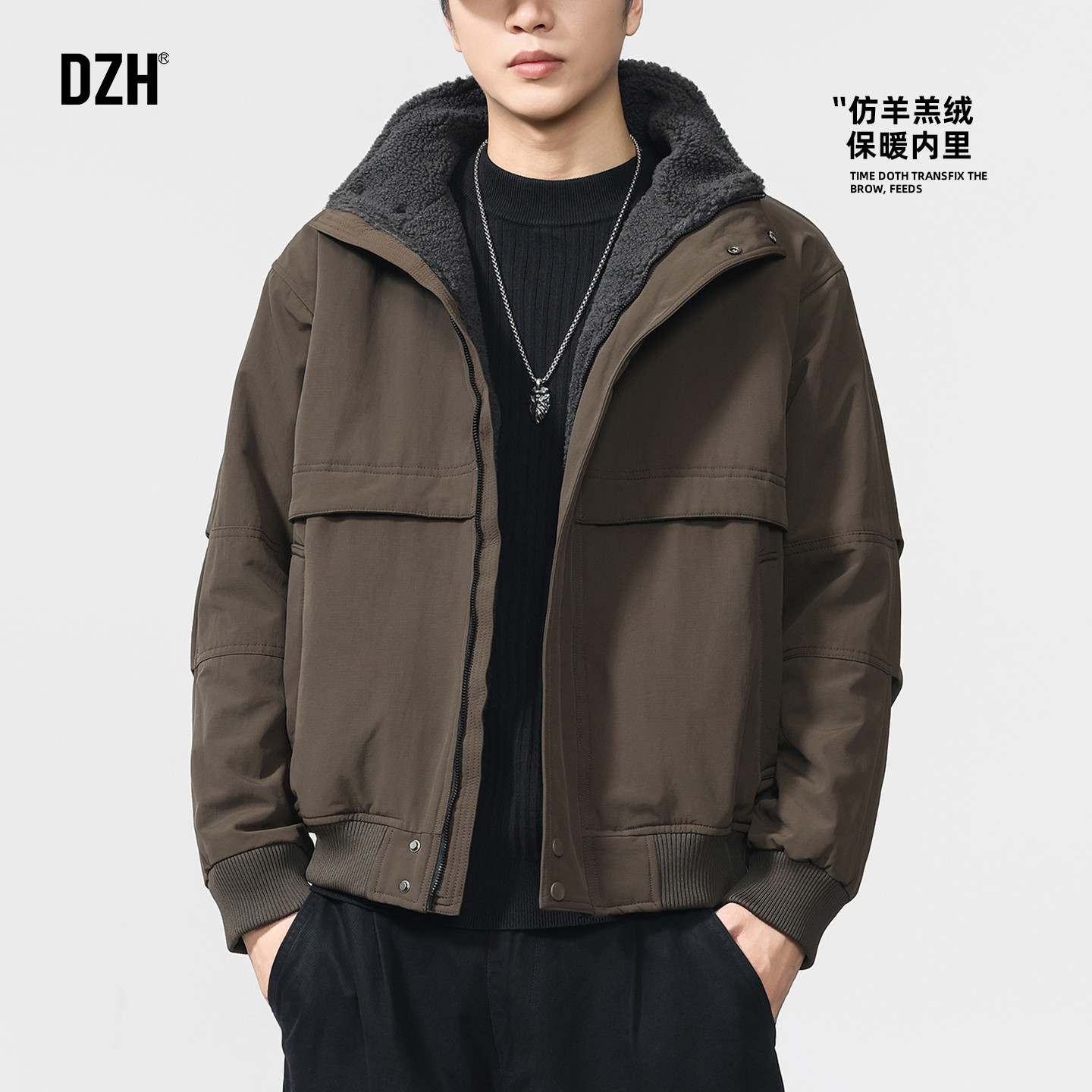 男士工装加绒外套男款冬季加厚美式翻领保暖毛领夹克上衣2025新款