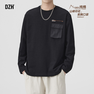 男士纯棉黑色长袖t恤男2025新款冬季印花男款休闲上衣内搭打底衫