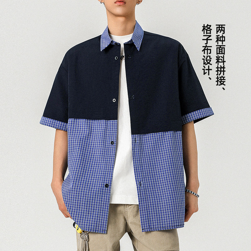 男士拼接蓝色格子衬衫男短袖男款宽松设计感上衣2026新款半袖夏季