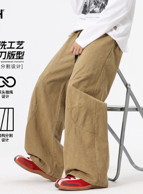 男士纯棉裤子宽松黄色美式工装裤男弯刀裤2025新款秋季阔腿裤长裤