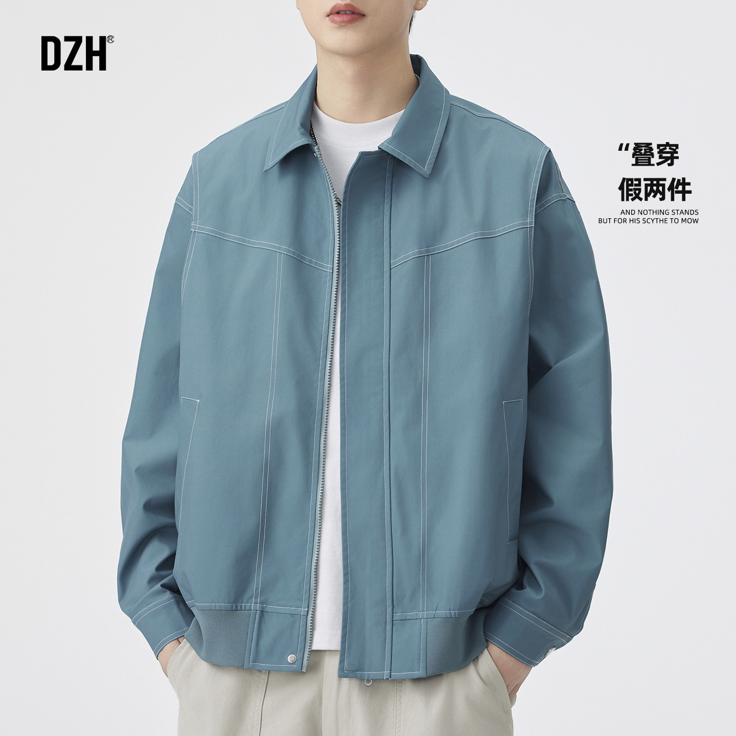 男士蓝色外套2025新款今年流行爆款翻领休闲夹克男高级感痞帅美式