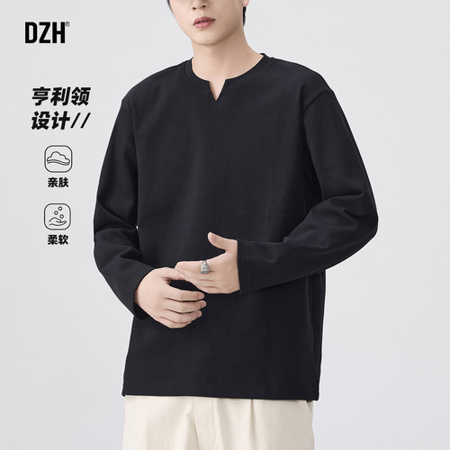 长袖美式休闲小v领T恤