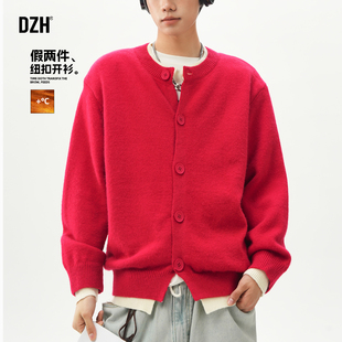 男士红色假两件针织衫男款2025年新款纽扣开衫毛衣冬季加厚毛线衣