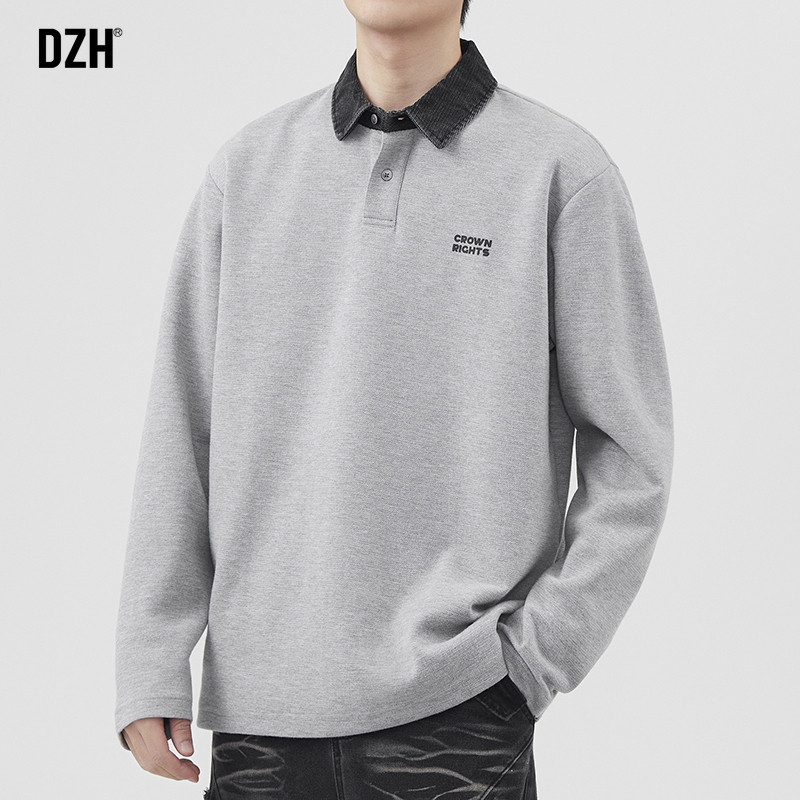 男生浅灰色polo衫男长袖美式秋季2026新款休闲翻领上衣男款打底衫