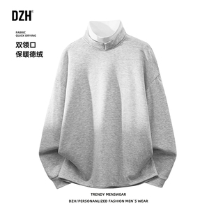 德绒打底衫男内搭长袖t恤新款保暖上衣青少年打底双领卫衣白花灰