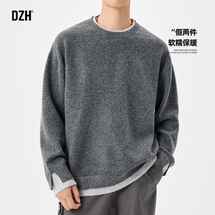 男士灰色假两件毛衣男内搭可外穿打底衫套头针织衫秋冬款2025新款