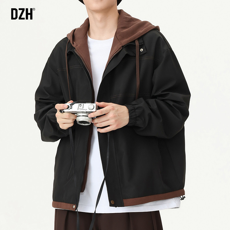 男生假两件外套男春秋季宽松2026新款美式连帽夹克上衣男装冲锋衣