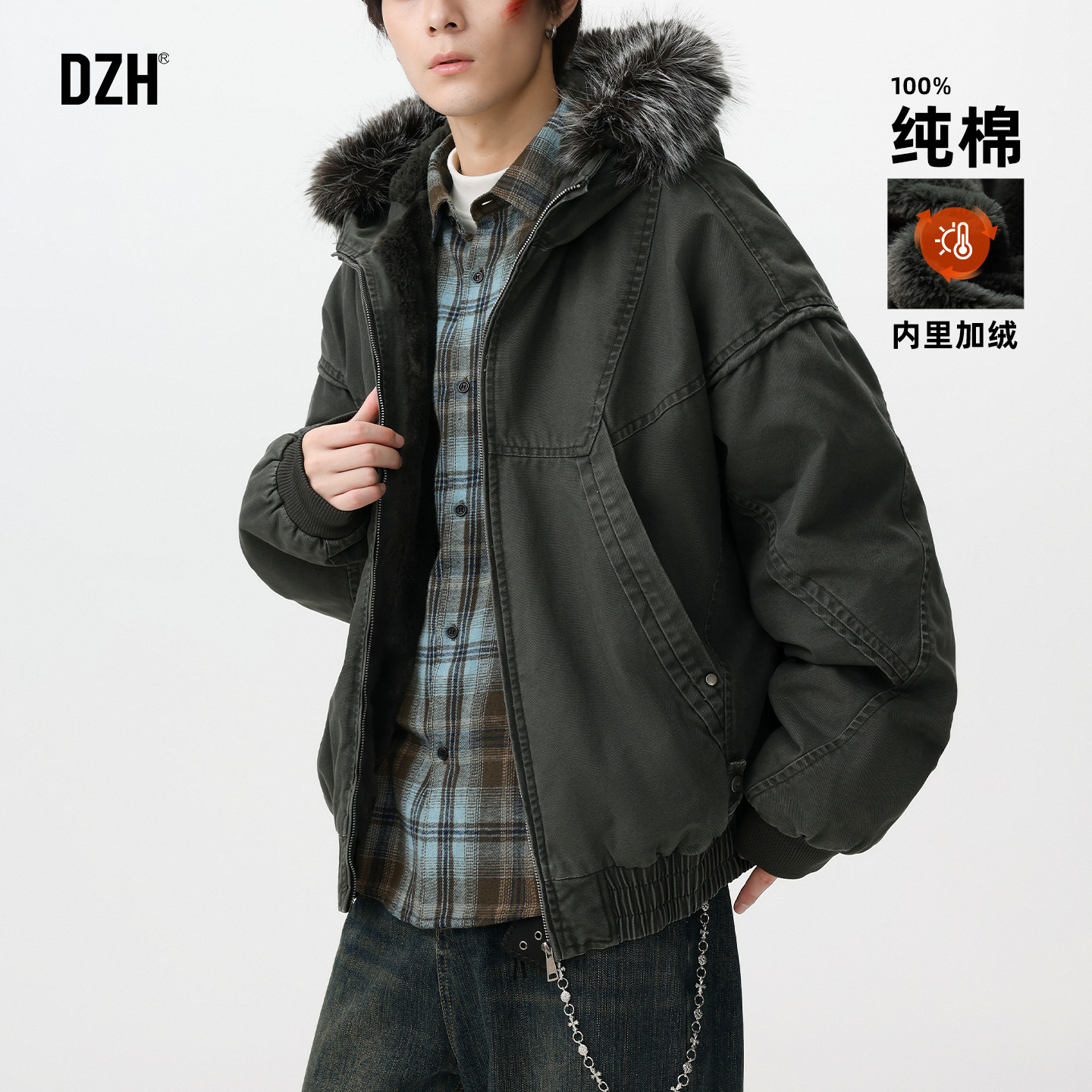 男士军绿色加绒冬装座山雕夹克外套男款加厚2025新款纯棉大码上衣