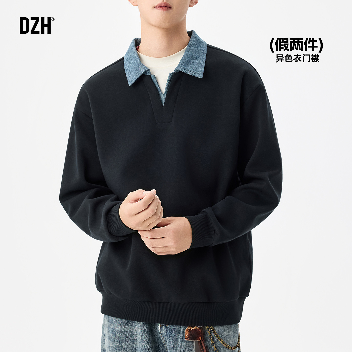 男士海鸥领假两件卫衣男款秋冬潮牌2025新款翻领外套宽松上衣百搭