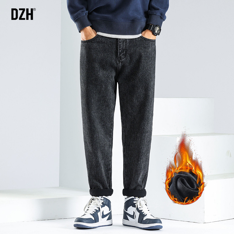 男士黑色加绒加厚牛仔裤男冬季直筒裤美式潮牌老爹裤2025新款裤子