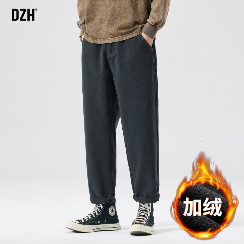 男士加绒休闲裤男冬季加厚直筒宽松深灰色裤子男款美式2025年新款