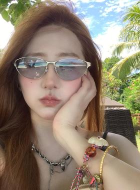 美式复古金属框浅蓝色猫眼墨镜高级感辣妹Y2K太阳眼镜防紫外线潮