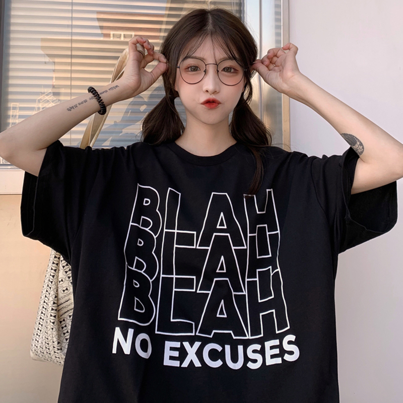 Real price cotton Korean letter printing student loose casual round neck short sleeve