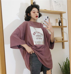 實拍韓版字母印花T恤打底衫寬鬆中長款半袖短袖上衣