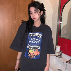 Real shot cotton Korean medium long print loose short sleeve T-shirt