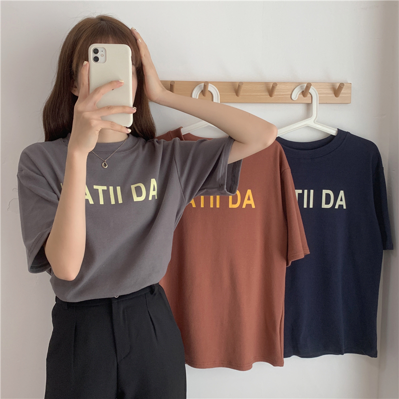 Real cotton Korean loose letter print short sleeve T-shirt